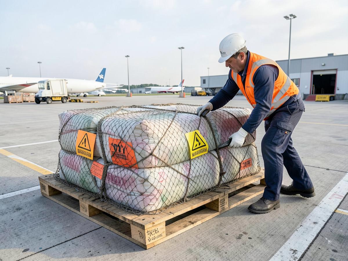 Hazardous goods air freight pallet secured with netting and labels
