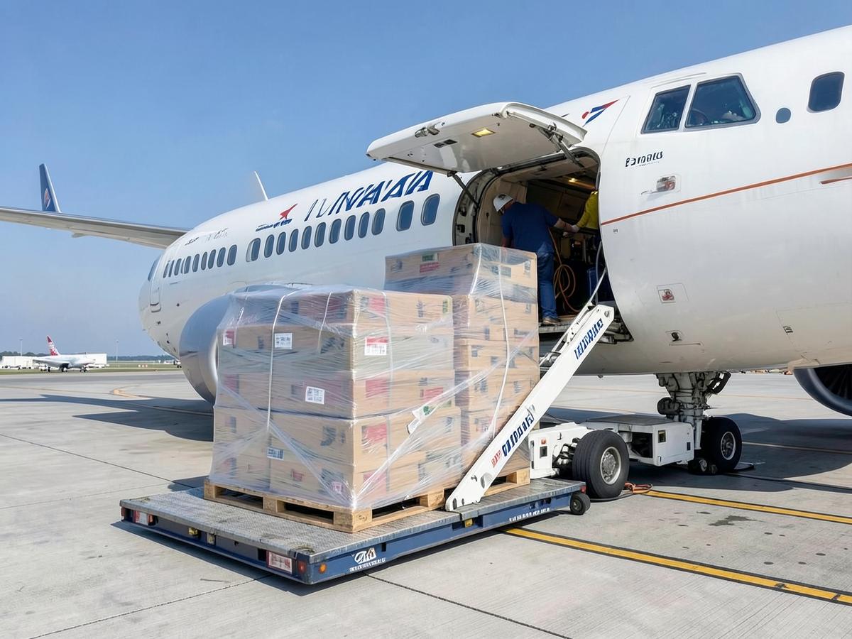 Palletized general cargo being loaded into a freighter aircraft