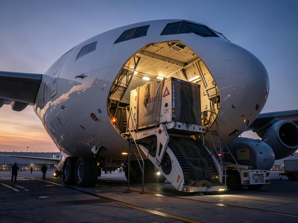 Oversized freight being loaded through the nose door of a cargo aircraft