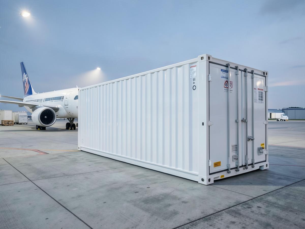 Temperature controlled air cargo container on the airport apron